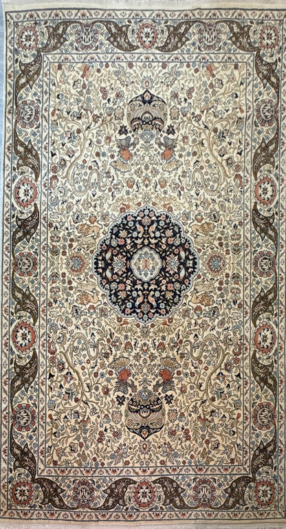 8x4 ft Vintage Wool Rug: Hand Knotted Hunting Scene Carpet with Medallion Design