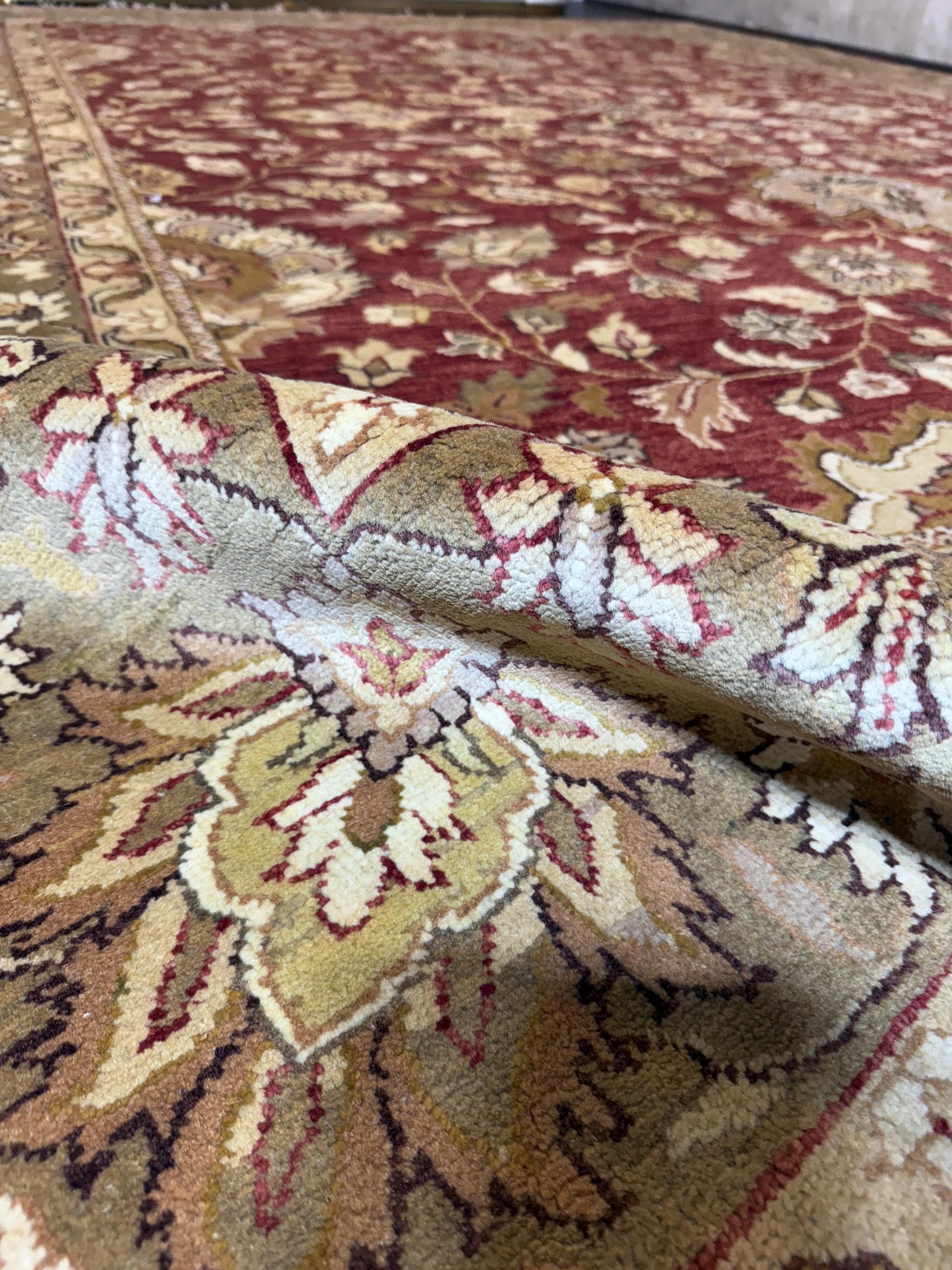 9x12 ft Tabriz Rug Oushak Style: Hand Knotted Wool Carpet with Rust & Olive Floral Design