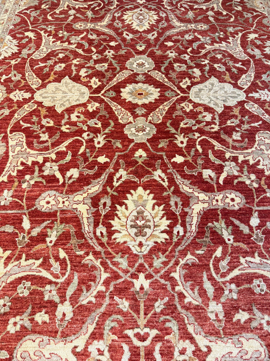 9x12 ft Turkish Tabriz Rug: Hand Knotted Wool Carpet with Rust Floral Design