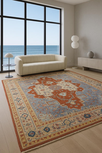 8x10 ft Turkish Heriz Rug: Hand Knotted Wool Oriental Carpet