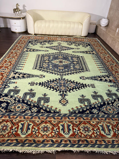 turkish heriz rug, 9x12 area rug, hand knotted rug, bohemian rug, large wool rug, persian style carpet, modern heriz rug, oriental rug, handmade turkish rug, living room rug, transitional rug, authentic wool rug, vintage style rug, artisan rug, colorful area rug, tribal rug, heriz design rug, turkish carpet, boho decor, rug for bedroom, heirloom rug, geometric rug, traditional wool rug, oversized rug, durable area rug, ethnic home decor, handmade floor rug, turkish wool carpet