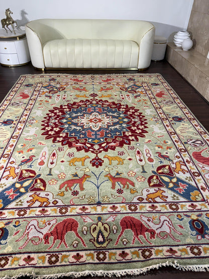 turkish oushak rug, tree of life rug, 8x10 wool rug, 245x305cm area rug, handmade turkish carpet, boho wool rug, hand knotted oushak rug, multicolored oriental rug, symbolic area rug, turkish tree of life, oushak rug bohemian, living room rug wool, traditional turkish rug, artisan wool rug, spiritual rug decor, large boho rug