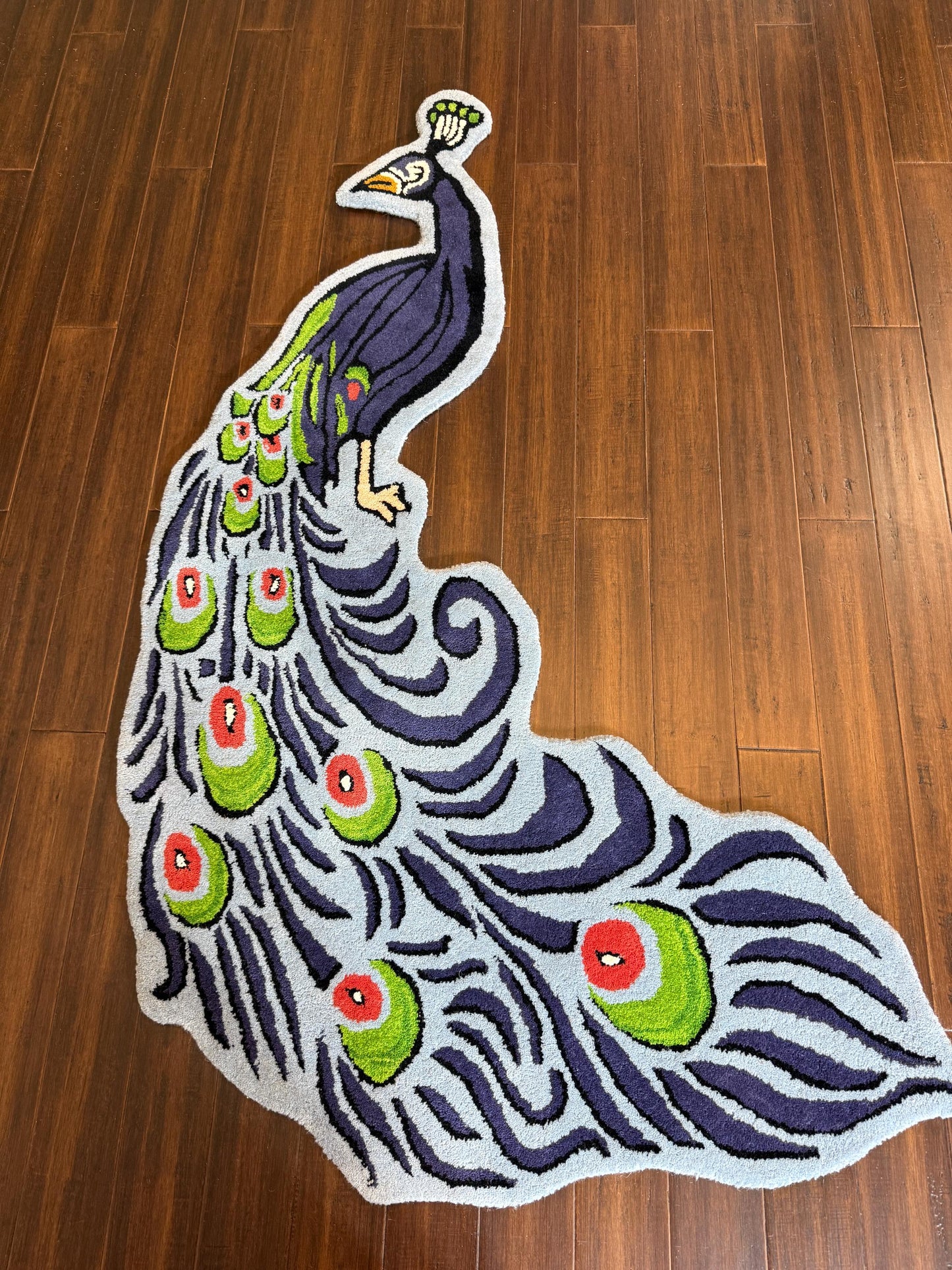 modern turkish rug, handmade peacock rug, fine tufted wool rug, boho kids room rug, animal shaped area rug, 3x5 wool rug, nursery decor rug, playful kids carpet, eco friendly wool rug, unique animal rug, toddler playroom rug, colorful peacock carpet, bohemian home decor, soft wool carpet, turkish handmade rug