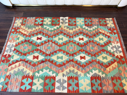 3.5x5 ft Hand-Knotted Wool Chobi Kilim Rug: Geometric Tribal Design