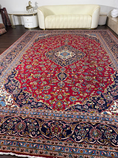 10x14 ft. 1940s Kashan Wool Rug: Antique Hand-Knotted Carpet