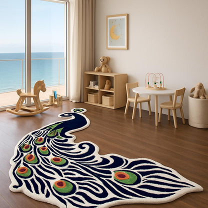 modern turkish rug, handmade peacock rug, fine tufted wool rug, boho kids room rug, animal shaped area rug, 3x5 wool rug, nursery decor rug, playful kids carpet, eco friendly wool rug, unique animal rug, toddler playroom rug, colorful peacock carpet, bohemian home decor, soft wool carpet, turkish handmade rug
