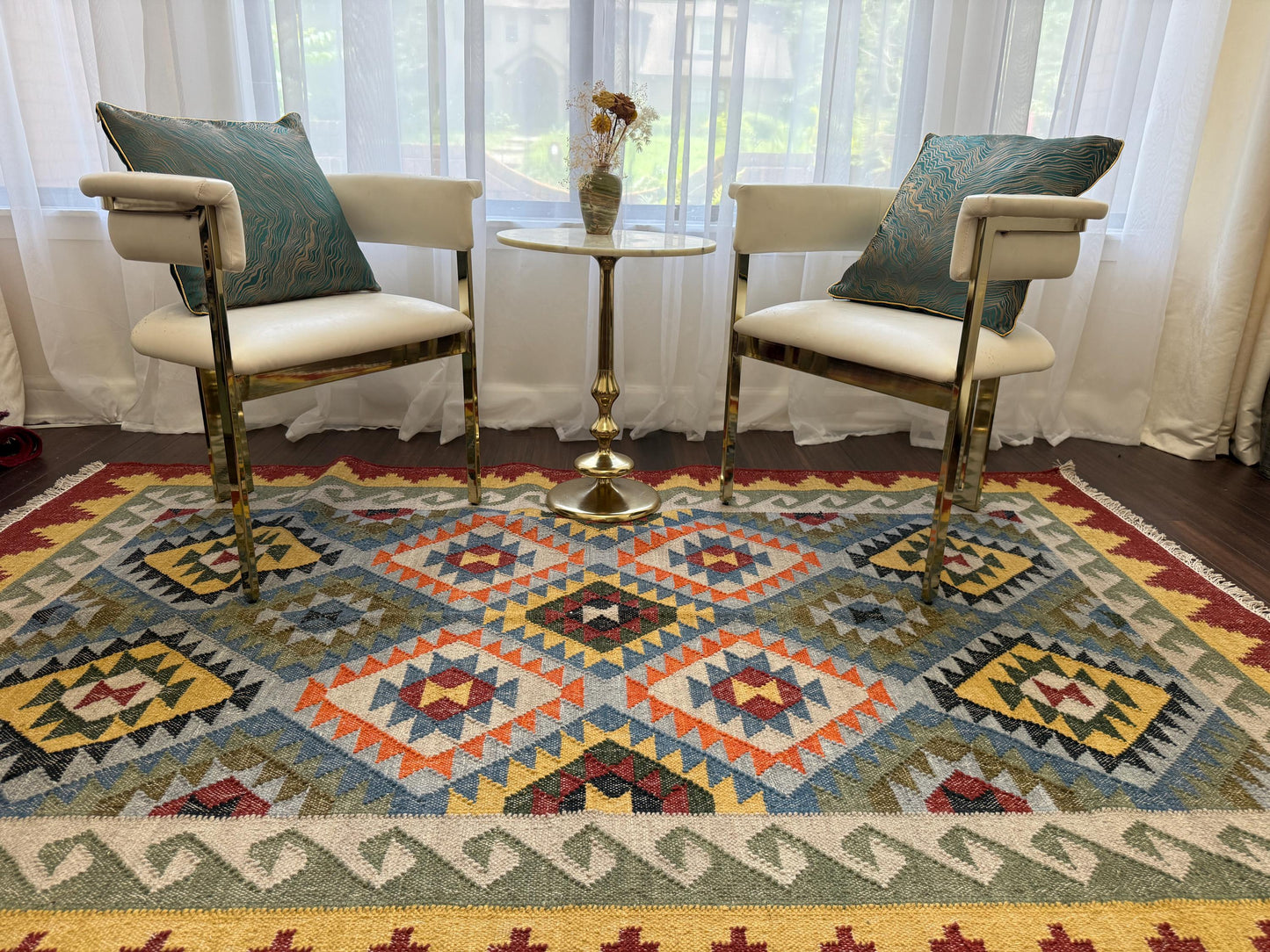 5x8 ft Handwoven Turkish Kilim Rug: Geometric Wool Flatweave Carpet