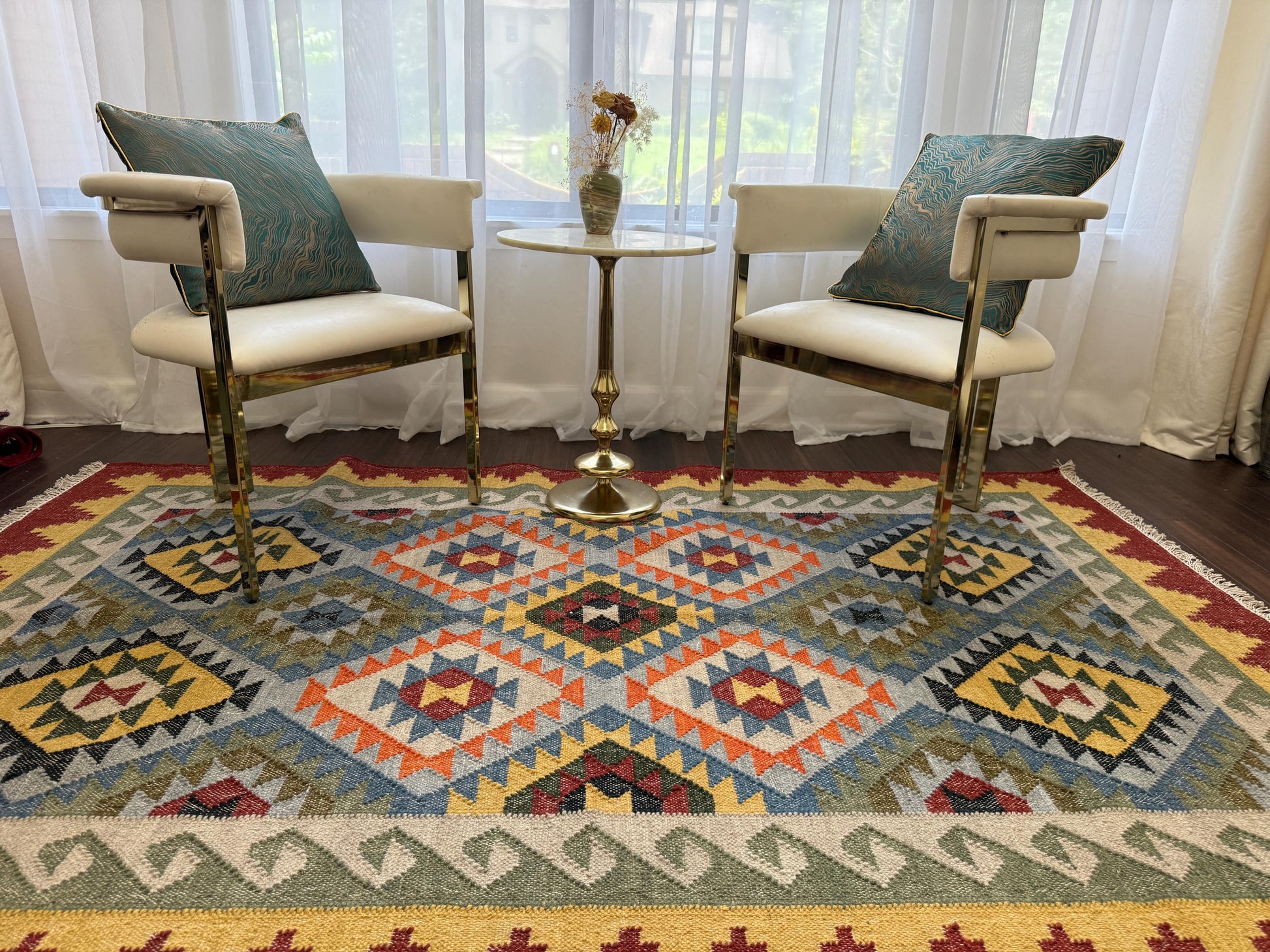 5x8 ft Handwoven Turkish Kilim Rug: Geometric Wool Flatweave Carpet