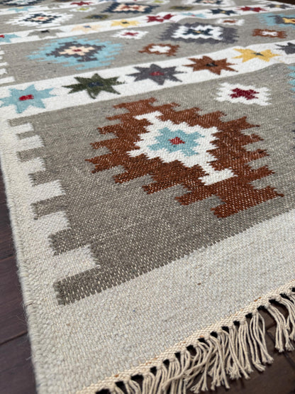 5x8 ft Anatolian Kilim Rug: Hand Knotted Scandinavian Geometric Wool Carpet