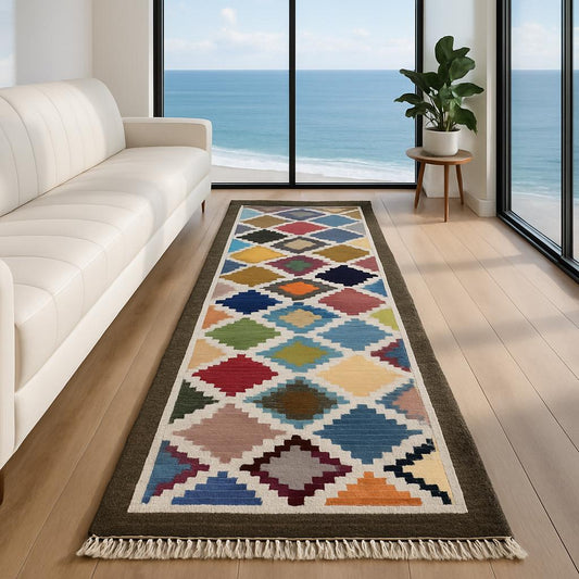 2.6x8 ft Oushak Runner Rug: Handwoven Wool Kilim, Geometric Farmhouse Style