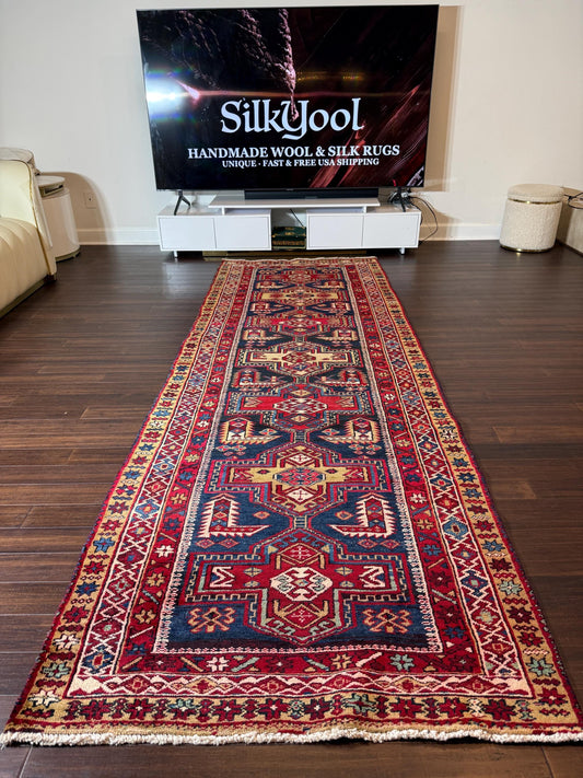 4x11 ft Vintage 1980s Tribal Heriz Runner Rug: Hand Knotted Wool Design