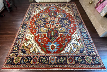 9x12 ft Heriz Rug: Hand-Knotted Wool Carpet, Contemporary Oriental Style
