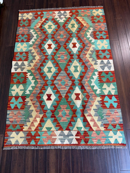 3.5x5 ft Hand-Knotted Wool Chobi Kilim Rug: Geometric Tribal Design