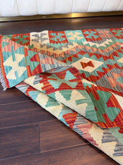 3.5x5 ft Hand-Knotted Wool Chobi Kilim Rug: Geometric Tribal Design