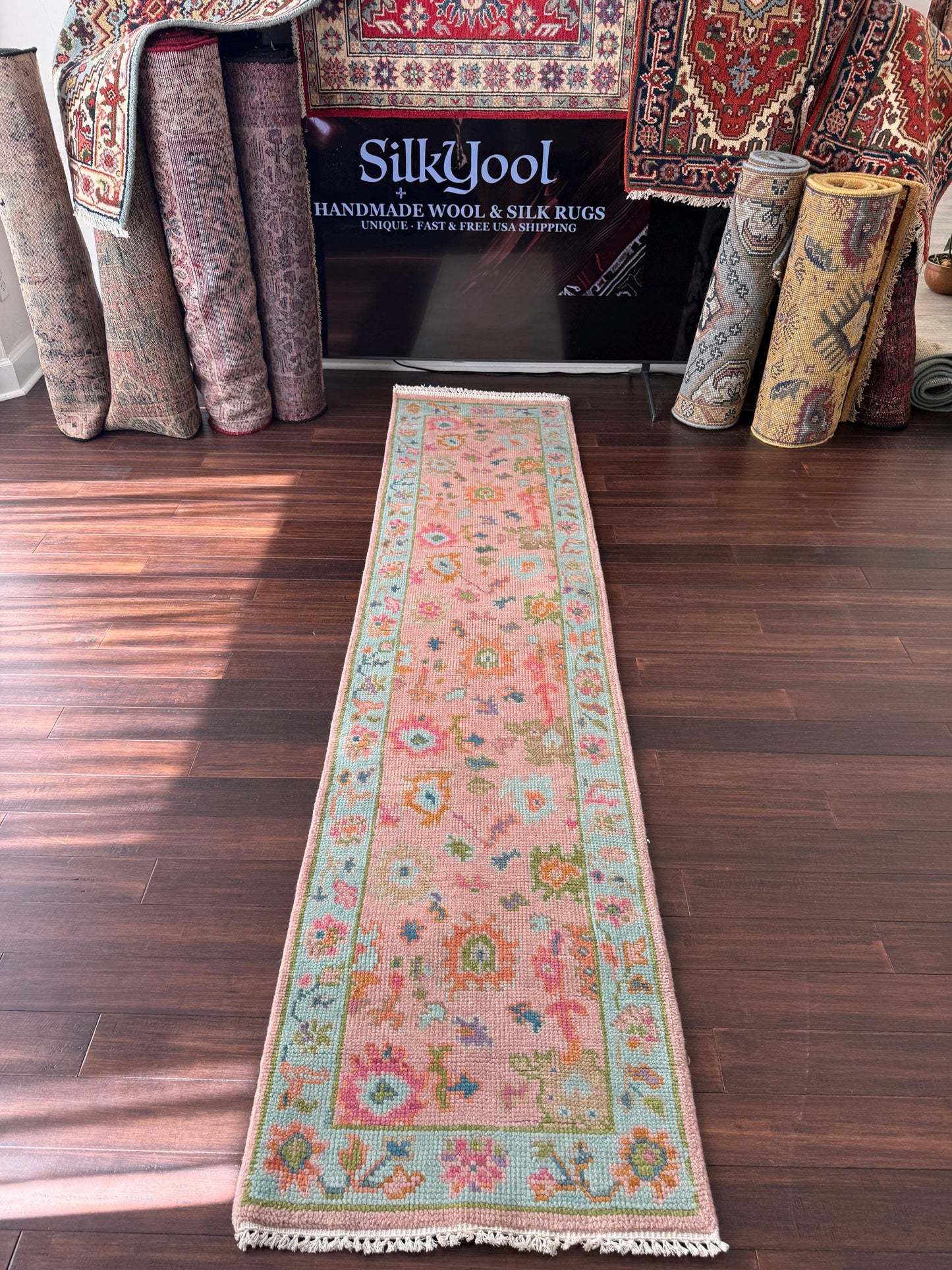 2.1x8 ft Handmade Oushak Runner Rug: Bohemian Hallway Carpet