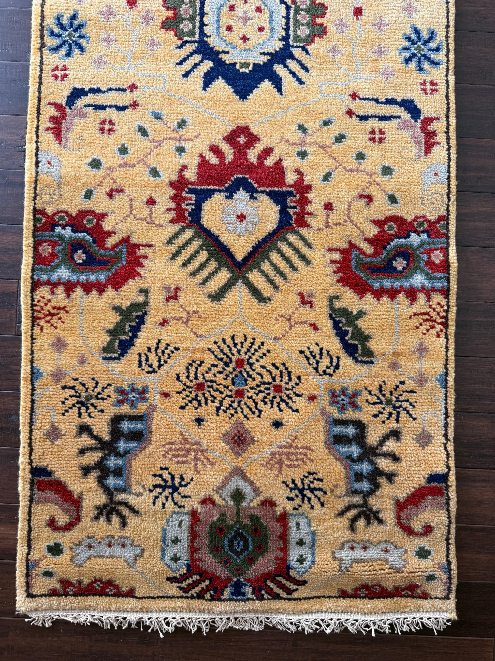 2.6 x 7.10 ft Hand Knotted Oushak Runner Rug: Bohemian Wool Hallway Carpet
