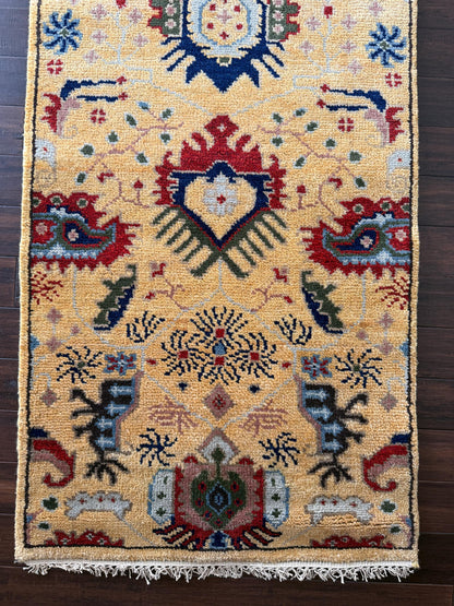 2.6 x 7.10 ft Hand Knotted Oushak Runner Rug: Bohemian Wool Hallway Carpet