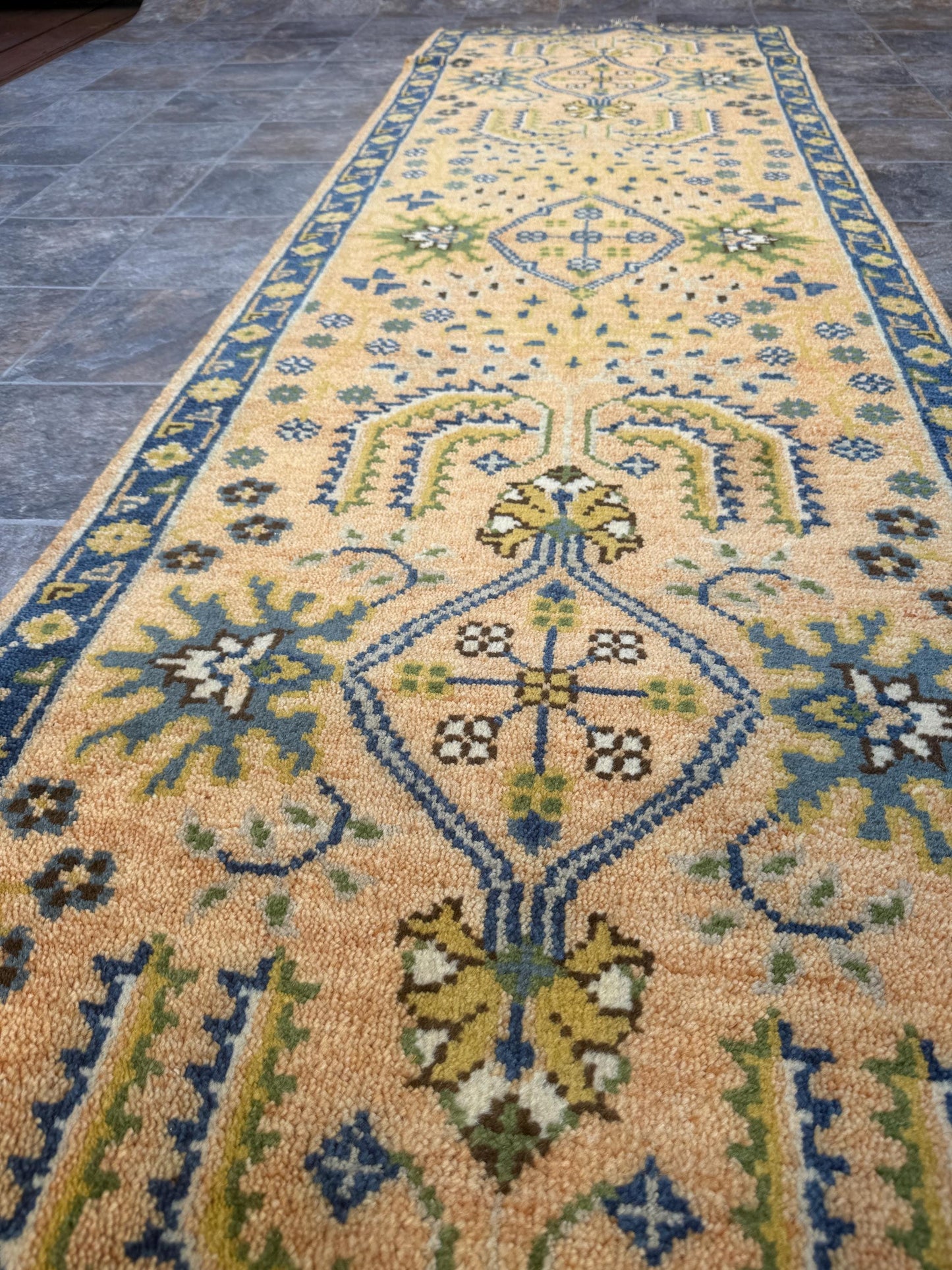 2x8 ft Hand Knotted Kazak Rug Runner: Geometric Hallway Carpet