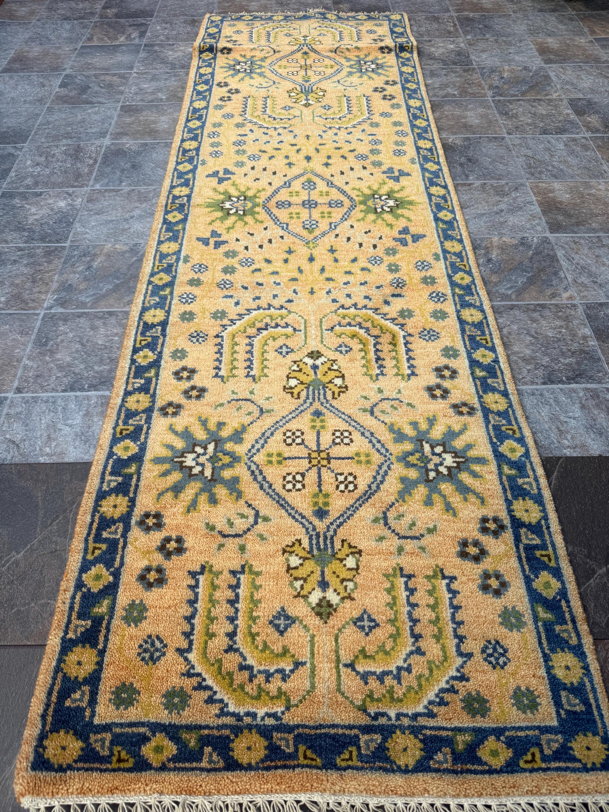 2x8 ft Hand Knotted Kazak Rug Runner: Geometric Hallway Carpet