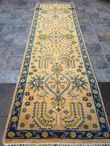 2x8 ft Hand Knotted Kazak Rug Runner: Geometric Hallway Carpet