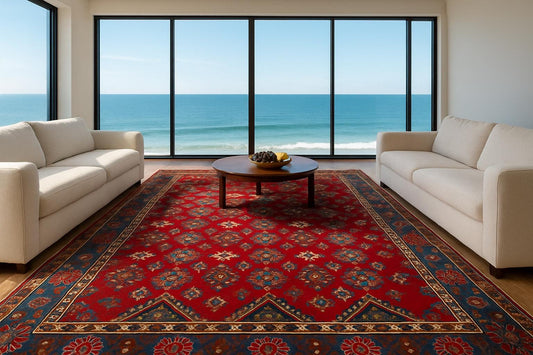 10x7 ft 1940s Hand-Knotted Caucasian Geometric Wool Rug: Vintage Tribal Design