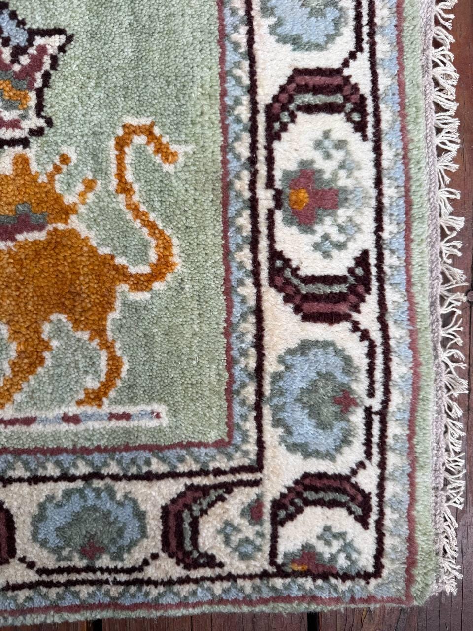 2x3 ft Oushak Tree of Life Lion Wool Rug: Hand Knotted