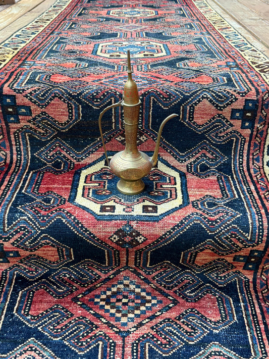 2.10x10 ft Vintage 1940s Anatolian Runner Rug: Hand Knotted Wool Village Carpet, Geometric Tribal Design