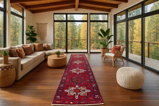 8x2 ft Vintage 1980s Hareez Runner Rug: Hand Knotted Wool Tribal Carpet, Narrow Hallway Rug