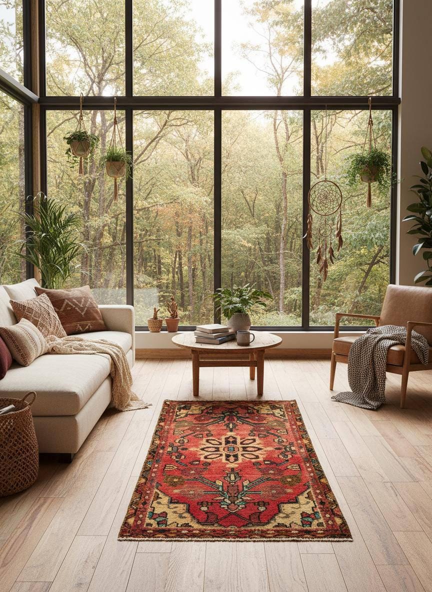 1.10 x 3.2 ft Vintage Wool Runner: 1930s Geometric Farmhouse Rug