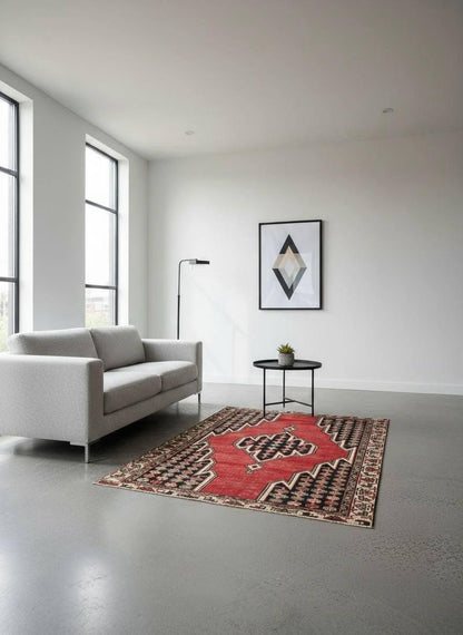 Vintage 1930s Turkish Wool Rug: 3x6 ft Farmhouse Geometric Hand-Knotted Carpet