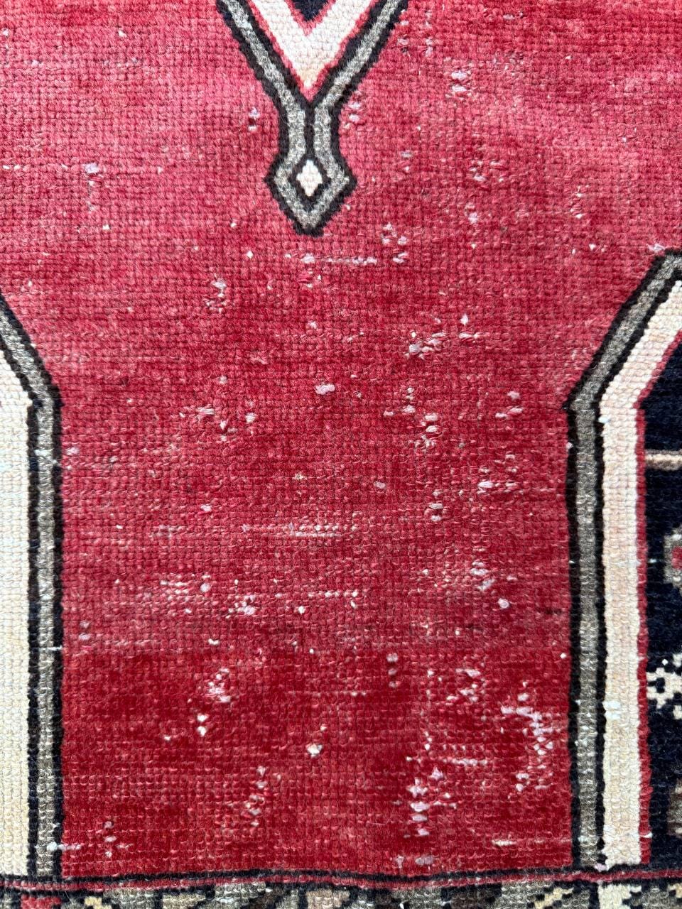 Vintage 1930s Turkish Wool Rug: 3x6 ft Farmhouse Geometric Hand-Knotted Carpet