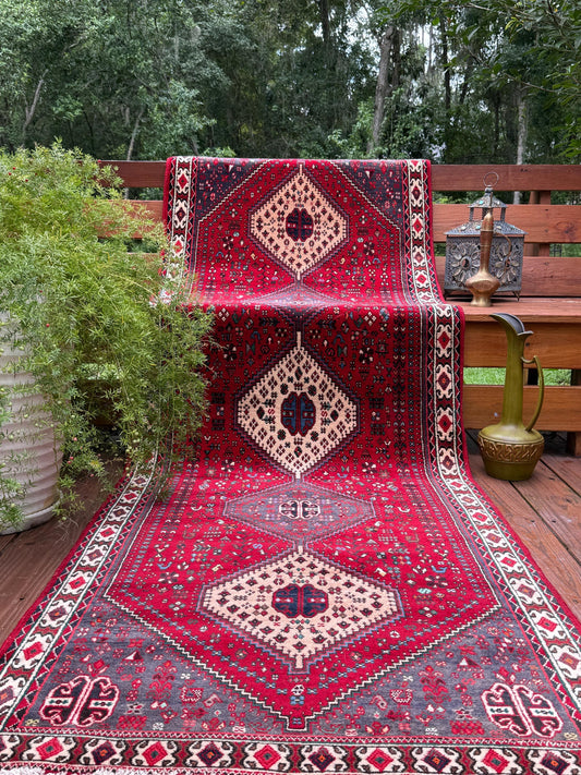 9x3 ft Vintage 1970s Mai Mai Runner Rug: Hand Knotted Wool Tribal Nomadic Desig Carpet