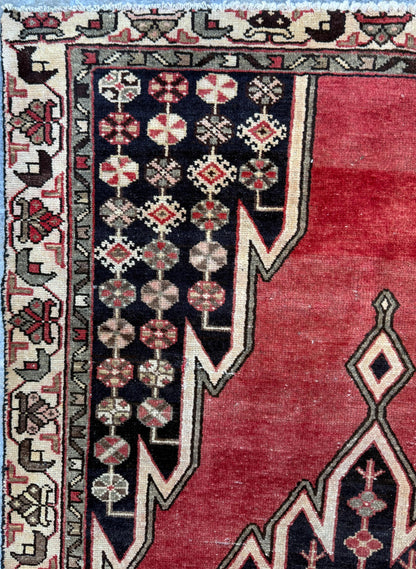 Vintage 1930s Turkish Wool Rug: 3x6 ft Farmhouse Geometric Hand-Knotted Carpet