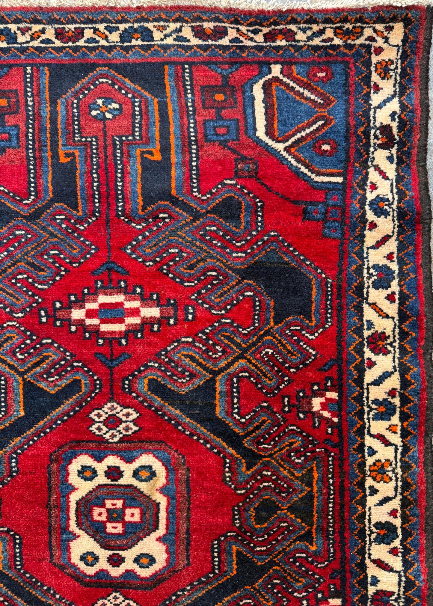 4x3 ft Vintage 1950s Hamadan/Qashqai Wool Rug: Hand Knotted Carpet, Geometric Accent