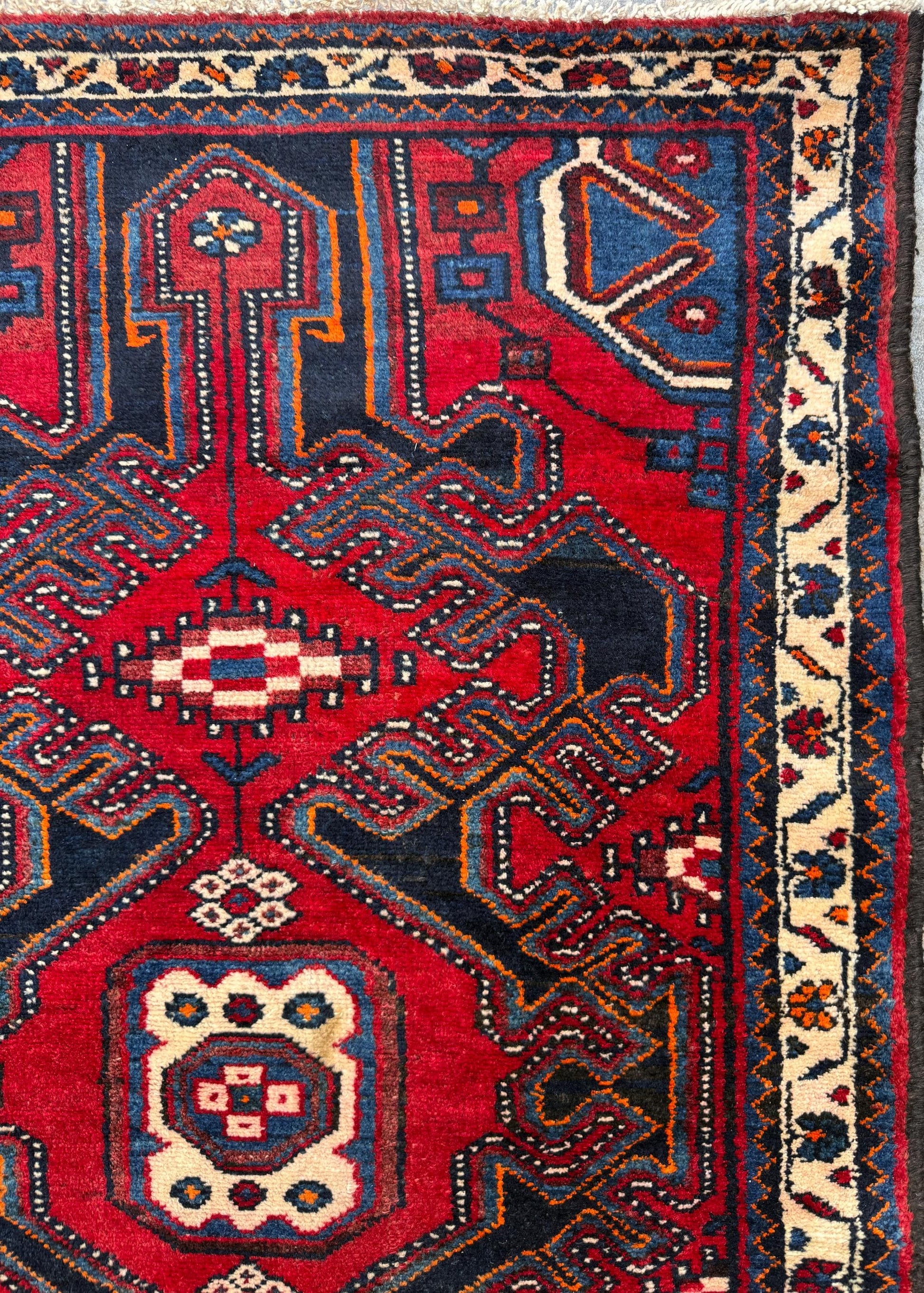 4x3 ft Vintage 1950s Hamadan/Qashqai Wool Rug: Hand Knotted Carpet, Geometric Accent