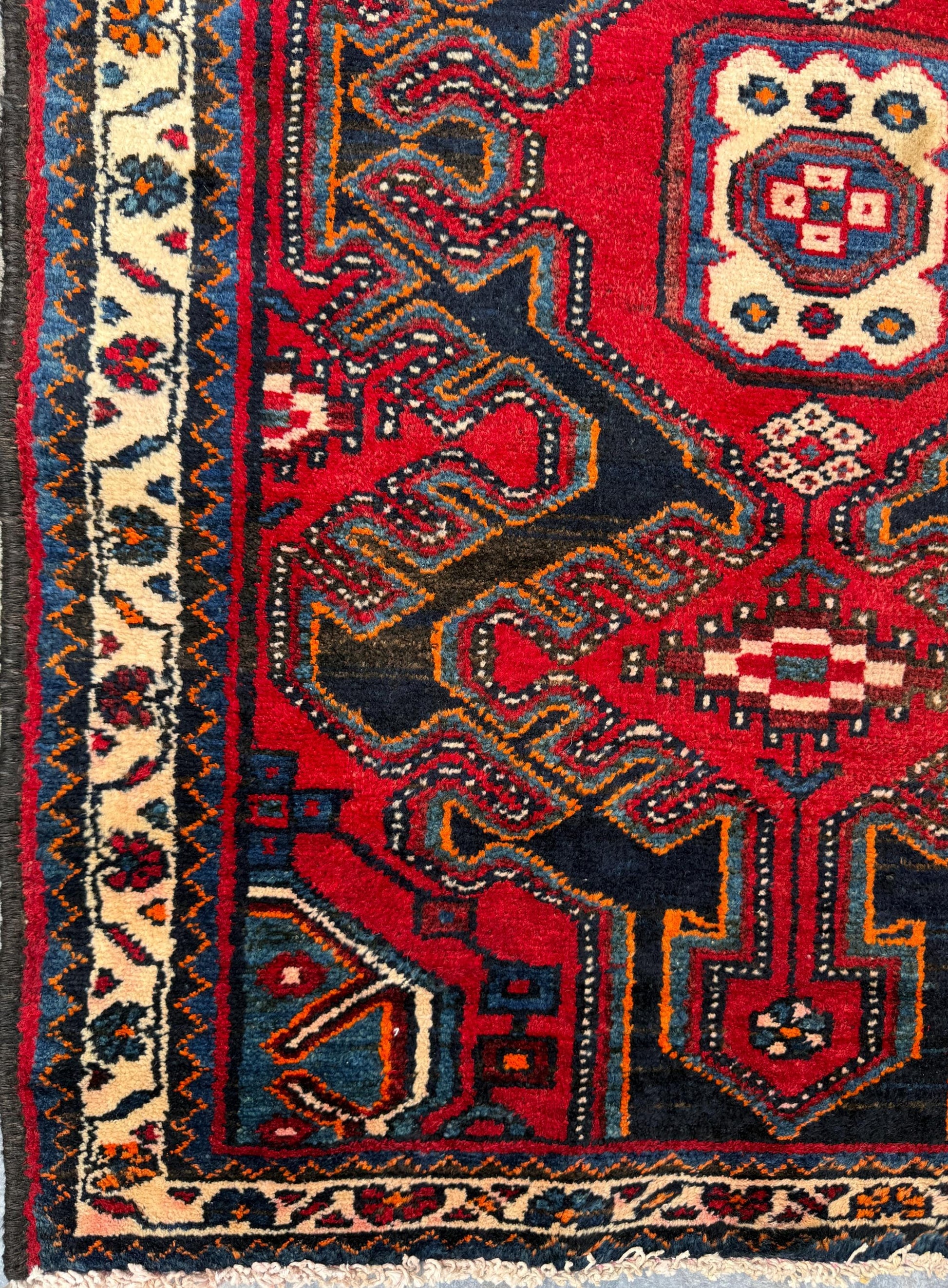4x3 ft Vintage 1950s Hamadan/Qashqai Wool Rug: Hand Knotted Carpet, Geometric Accent
