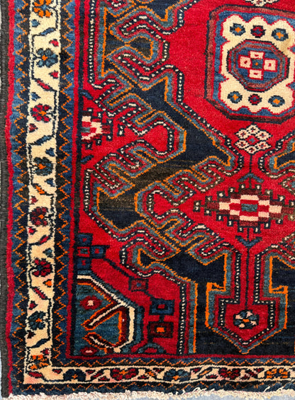 4x3 ft Vintage 1950s Hamadan/Qashqai Wool Rug: Hand Knotted Carpet, Geometric Accent