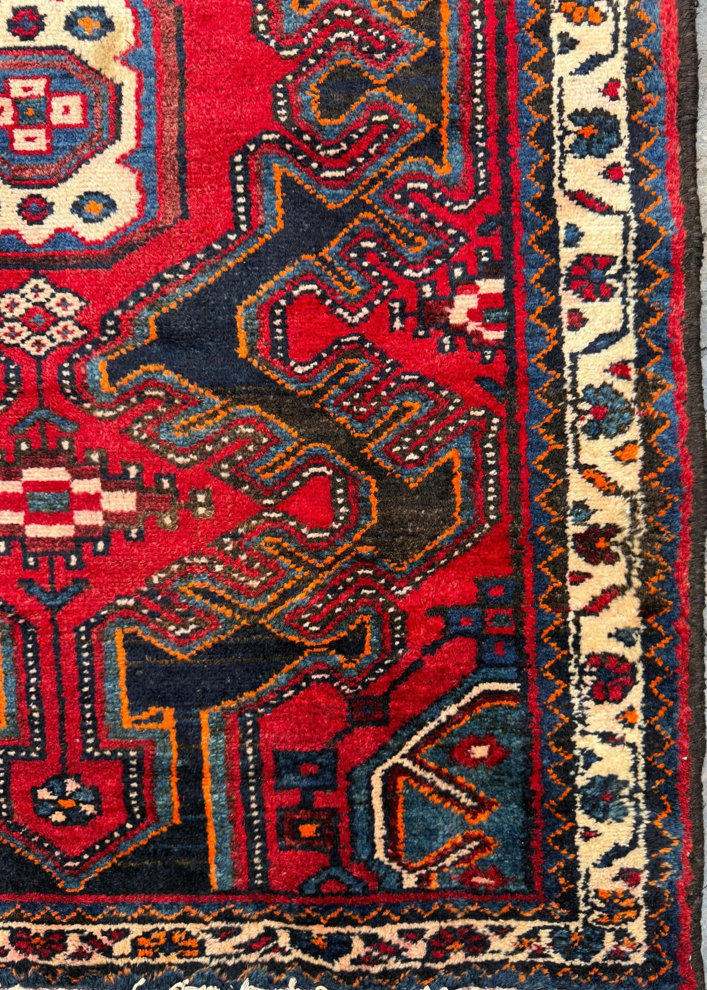 4x3 ft Vintage 1950s Hamadan/Qashqai Wool Rug: Hand Knotted Carpet, Geometric Accent