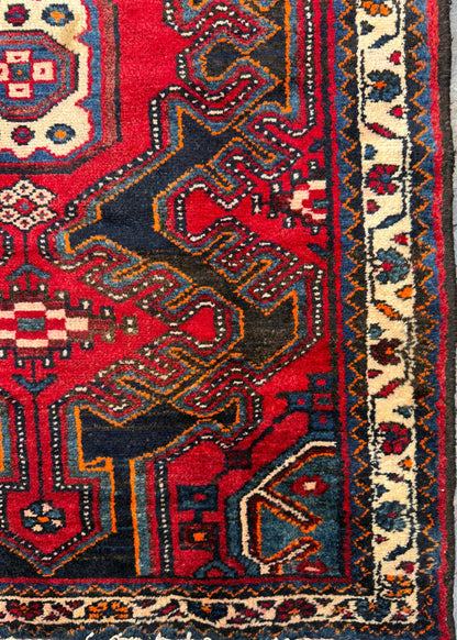4x3 ft Vintage 1950s Hamadan/Qashqai Wool Rug: Hand Knotted Carpet, Geometric Accent