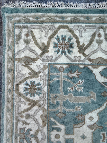 4x4 ft Hand-Knotted Square Oushak Wool Rug: Boho Anatolian Carpet