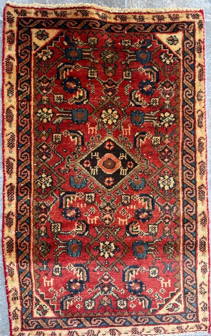 2x3 ft Vintage Village Rug: Hand Knotted Wool Geometric Carpet