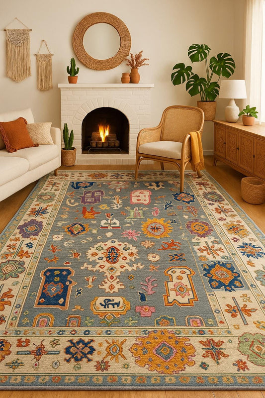 6x9 ft Oushak Hand Knotted Rug: Bohemian Wool Carpet