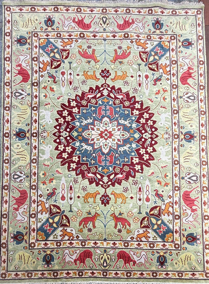8x10 ft Hand-Knotted Oushak Wool Rug: Tree of Life Bohemian Carpet