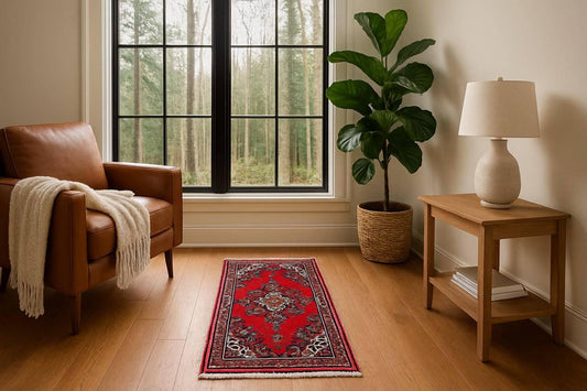 4x2 ft Vintage Hamadan Wool Rug: Hand-Knotted Oriental Carpet