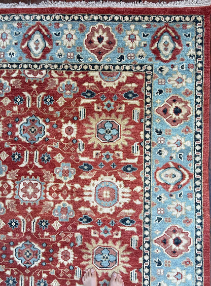 9x12 ft. Turkish Heriz Rug: Hand-Knotted Wool, Red & Blue Oushak Style