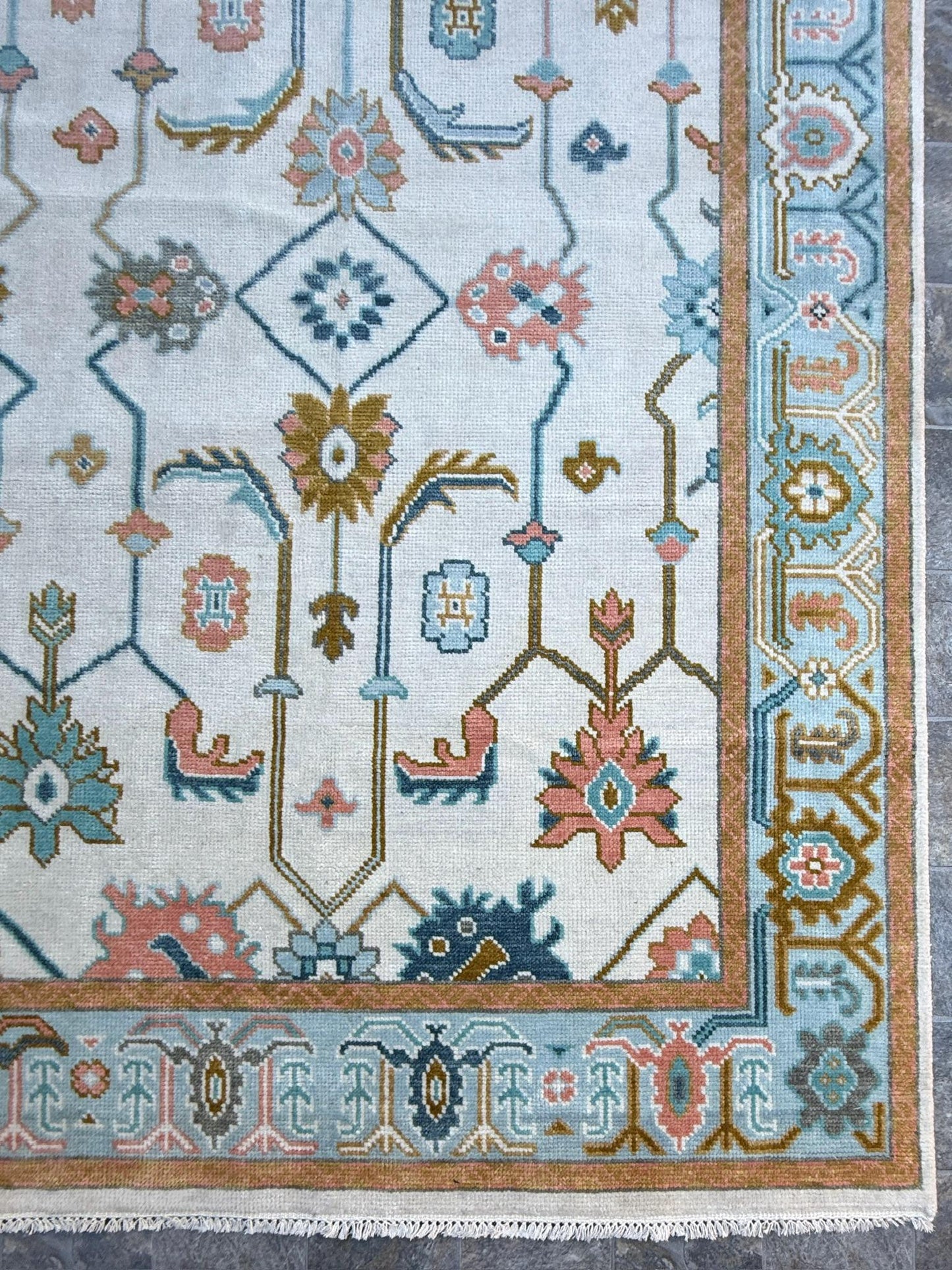6.2x9.3 ft Oushak Floral Hand Knotted Rug: Wool Area Carpet, Vibrant Transitional Design