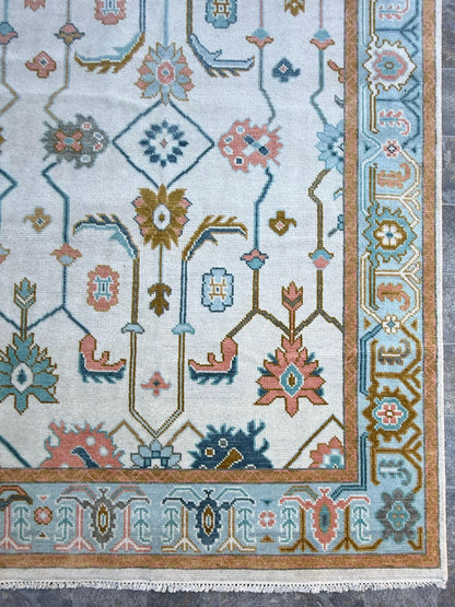 6.2x9.3 ft Oushak Floral Hand Knotted Rug: Wool Area Carpet, Vibrant Transitional Design