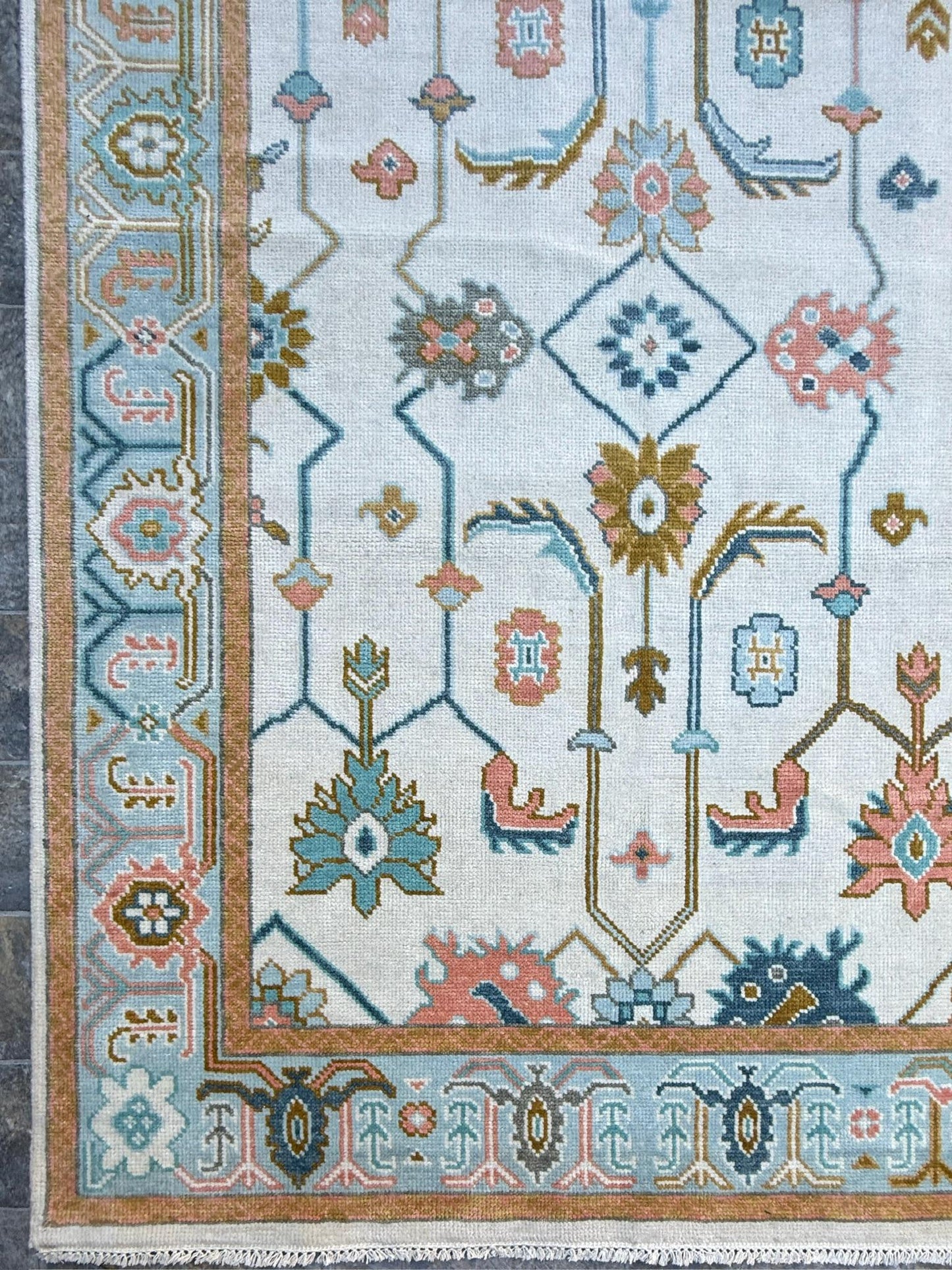 6.2x9.3 ft Oushak Floral Hand Knotted Rug: Wool Area Carpet, Vibrant Transitional Design