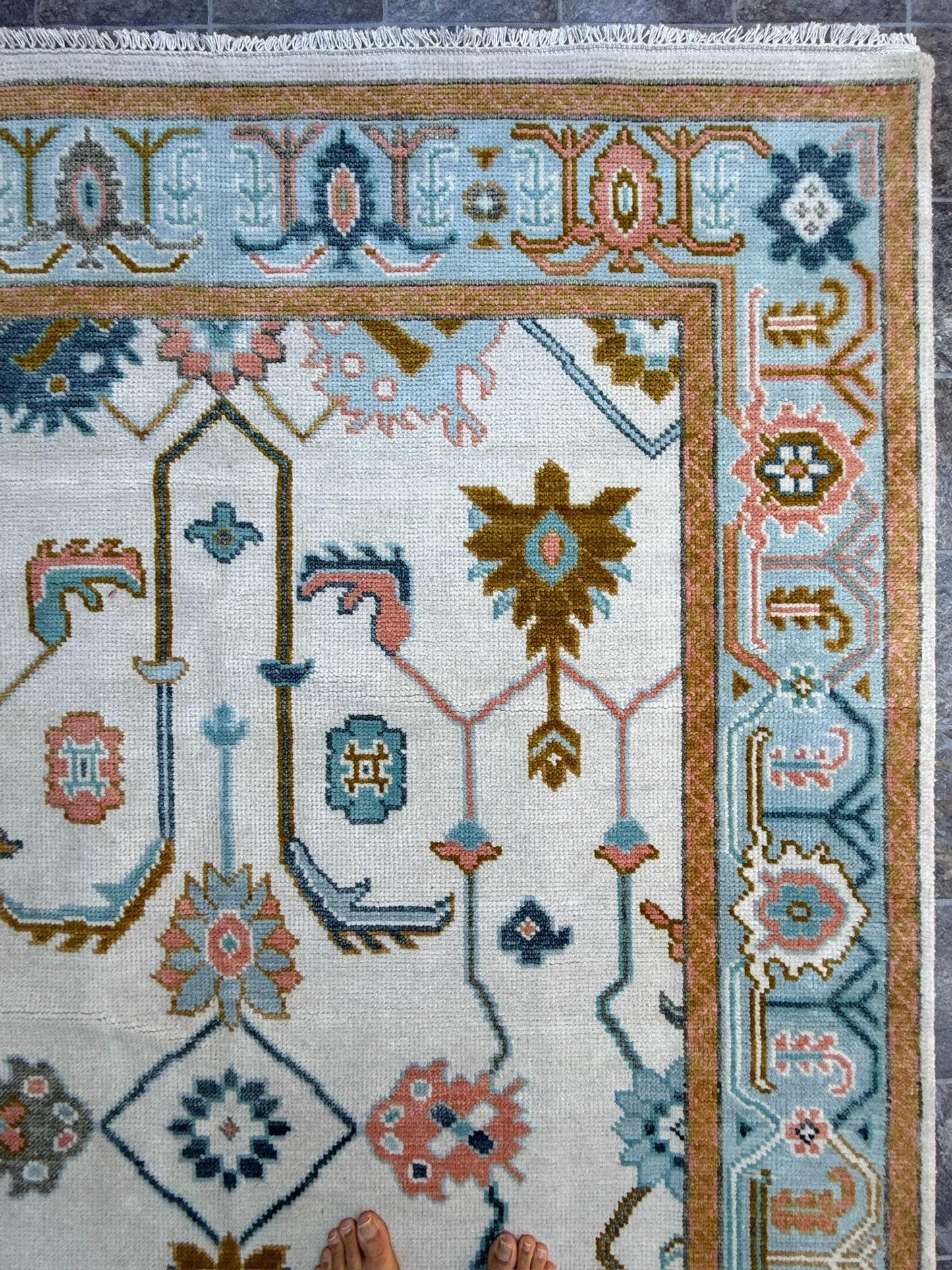 6.2x9.3 ft Oushak Floral Hand Knotted Rug: Wool Area Carpet, Vibrant Transitional Design