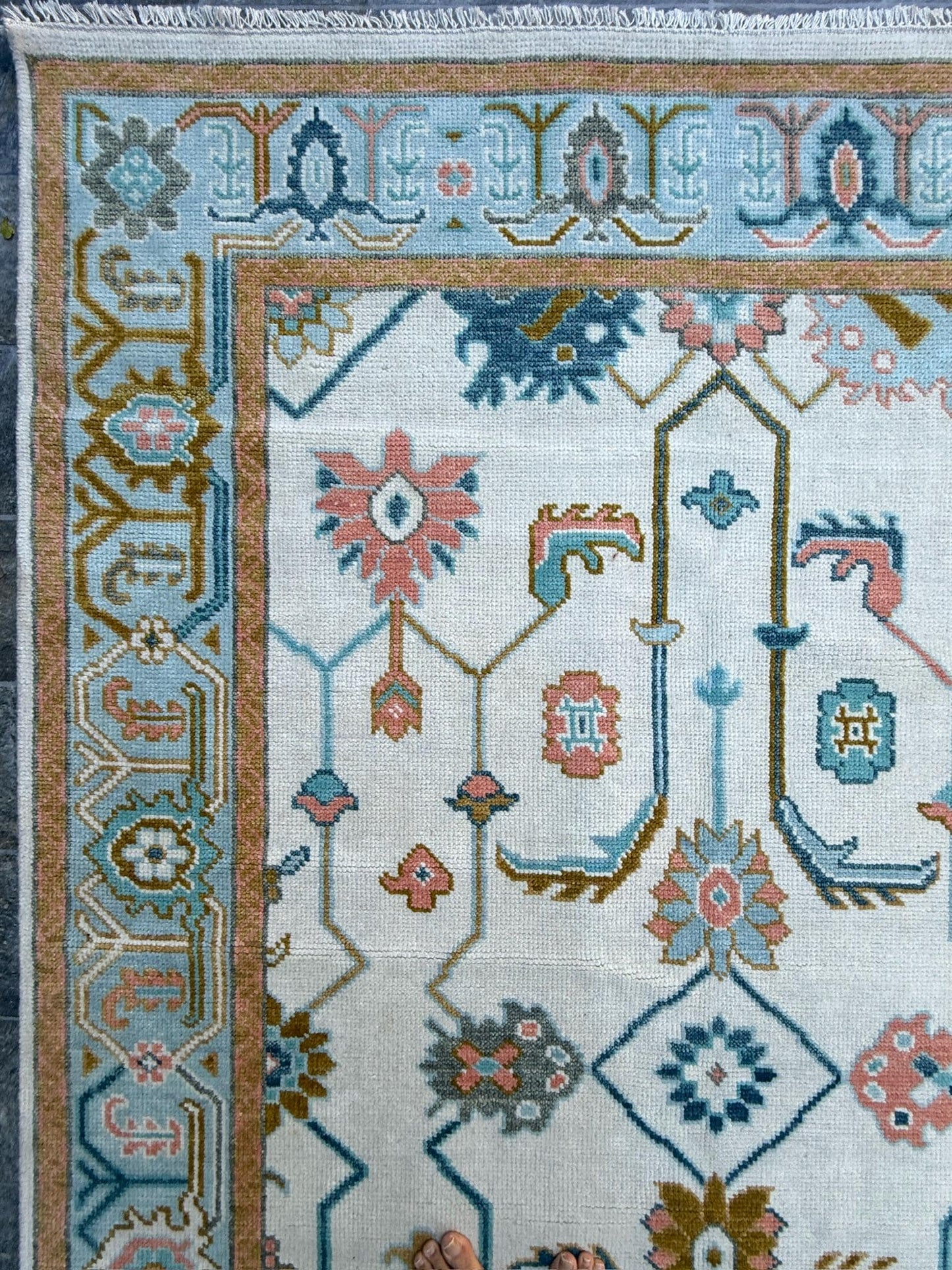 6.2x9.3 ft Oushak Floral Hand Knotted Rug: Wool Area Carpet, Vibrant Transitional Design
